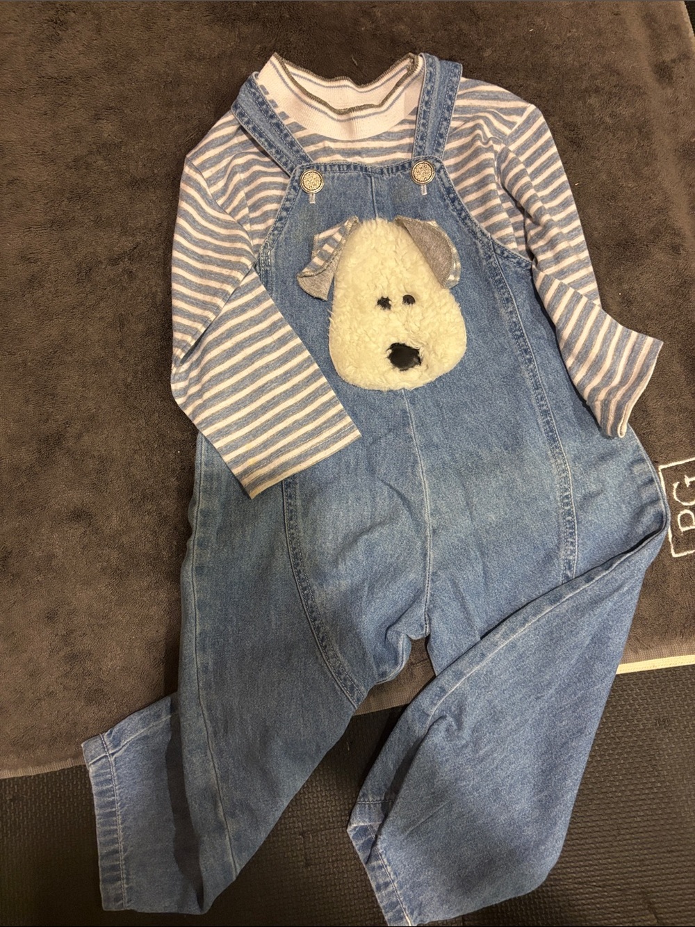 Striped Long-Sleeve Top with Light Blue Denim Puppy Overalls - Kids